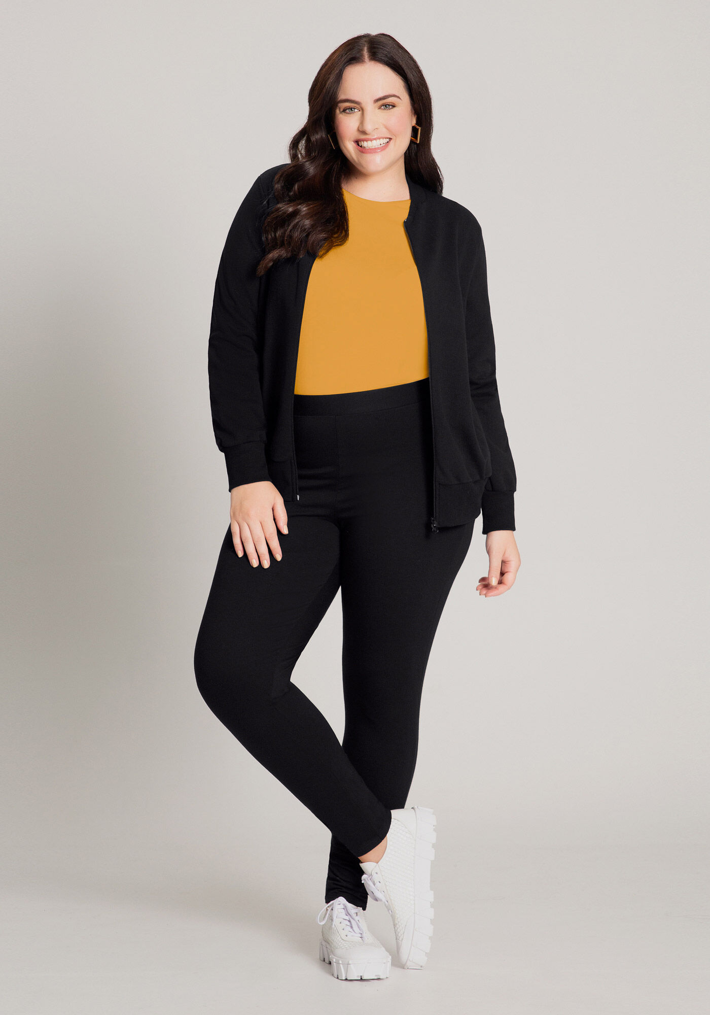 Jaqueta Plus Size Em Moletom Felpado De Algod&atilde;o Com Z&iacute;per, PRETO REATIVO, large.