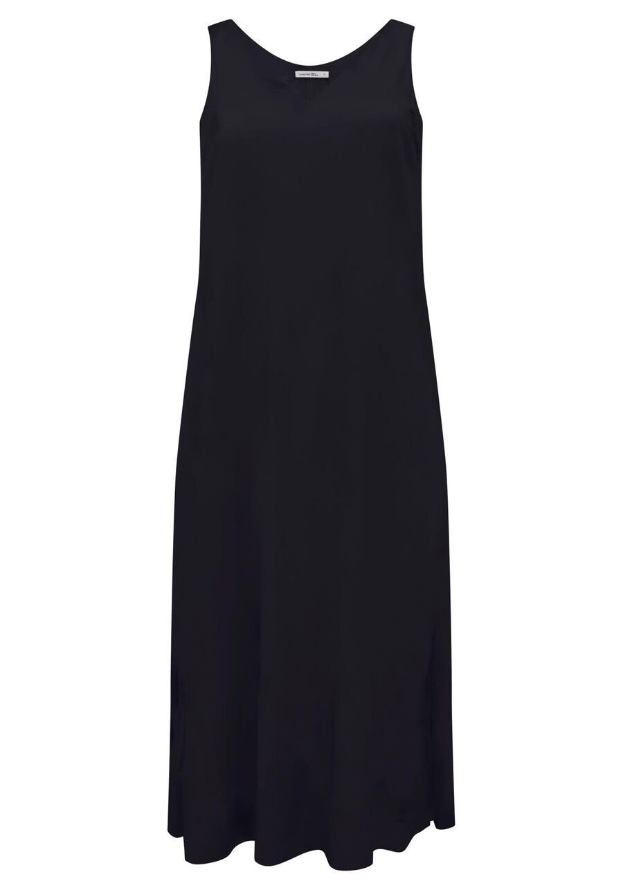 Vestido Midi Chá Com Decote V E Fenda Lateral Em Viscose, PRETO. Vestido Midi Chá Com Decote V E Fenda Lateral Em Viscose, PRETO, large.