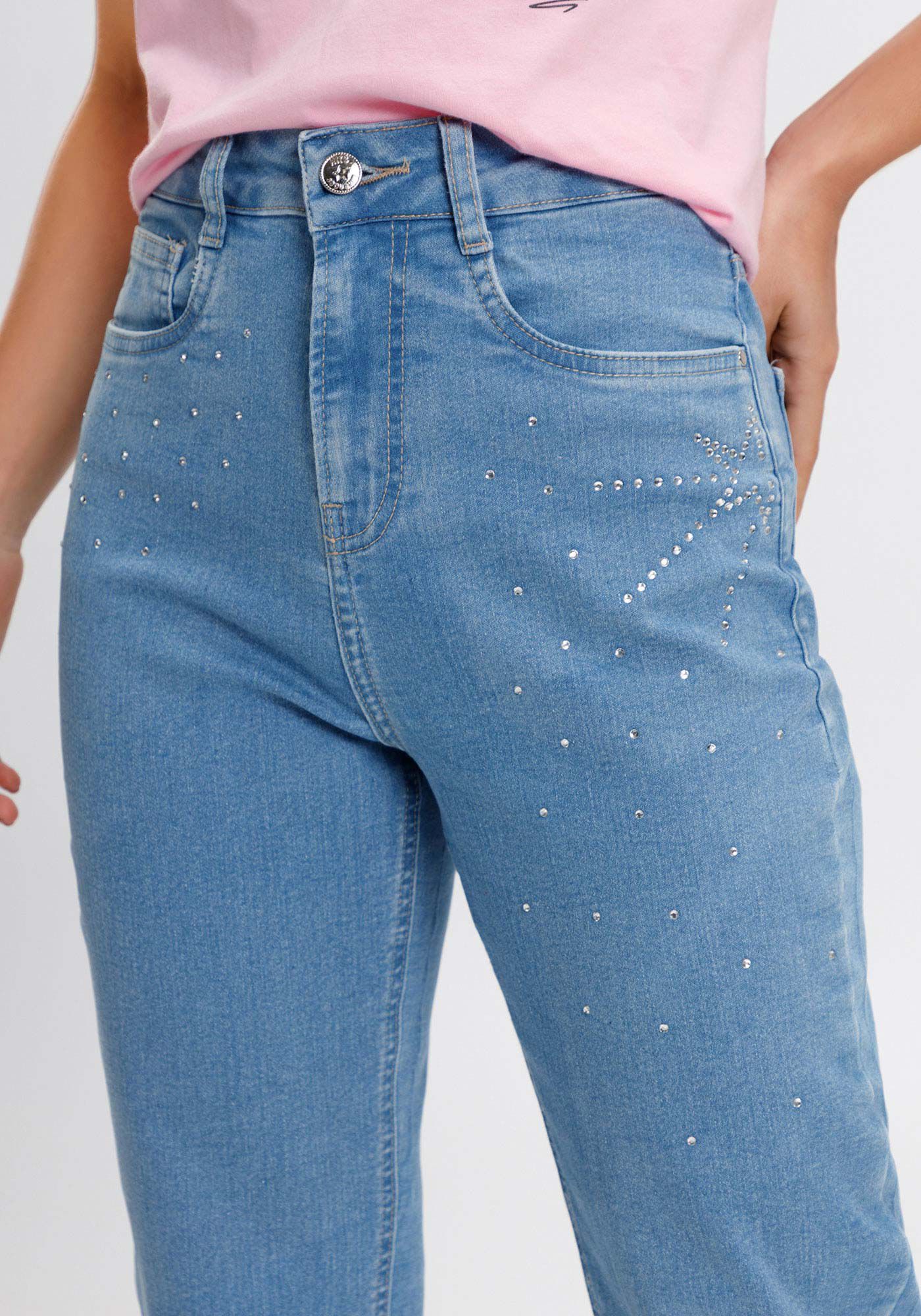 Cal&ccedil;a Mom Jeans Juvenil Com Cintura Alta E Strass, , large.