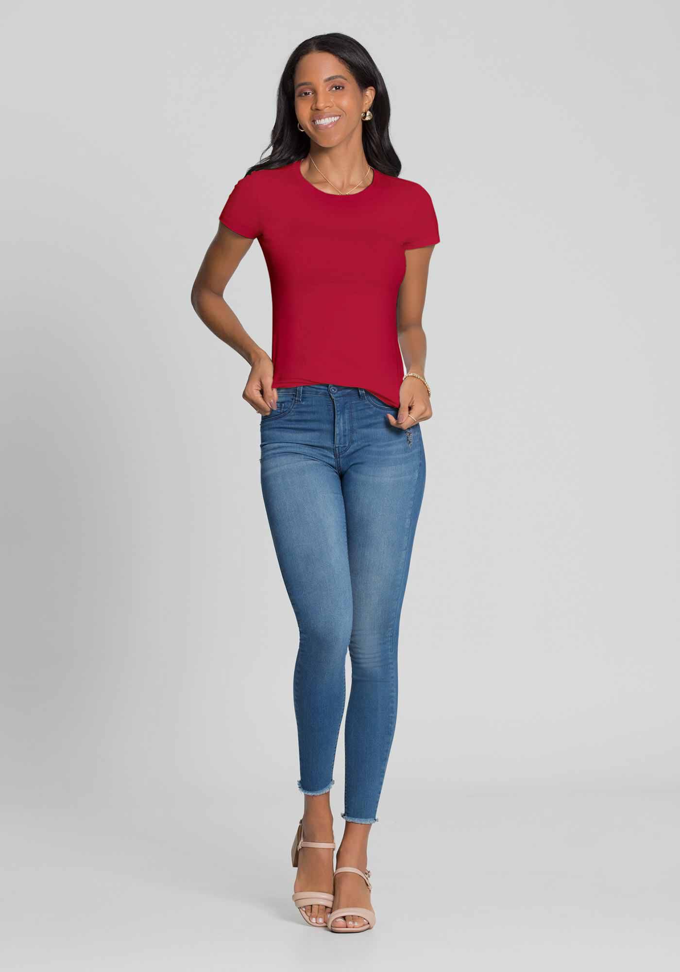 Blusa B&aacute;sica de Mangas Curtas Em Malha De Algod&atilde;o E Elastano, , large.