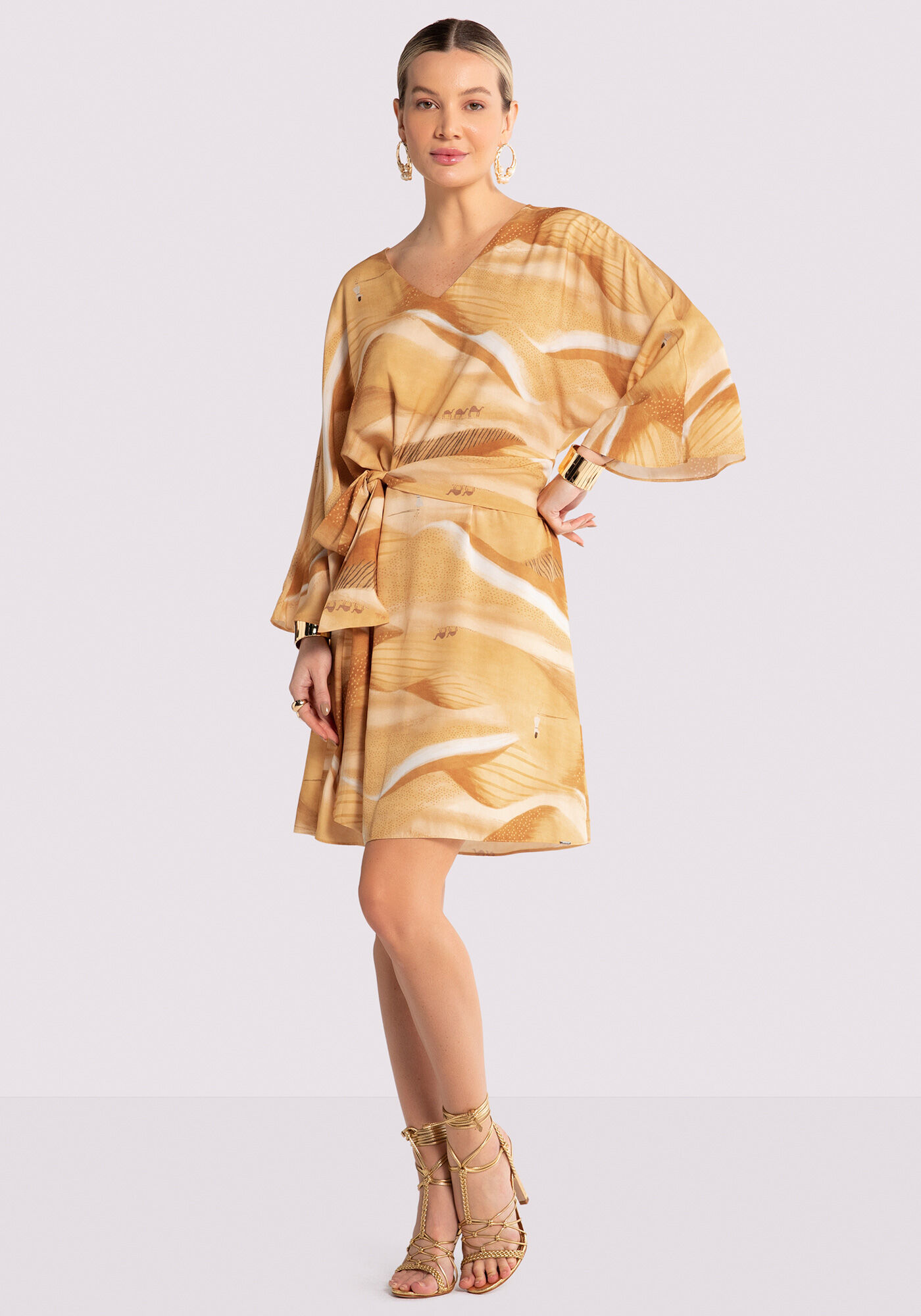 Vestido Curto Estampado em Viscose com Faixa, MANSIDAO AMARELO, large.