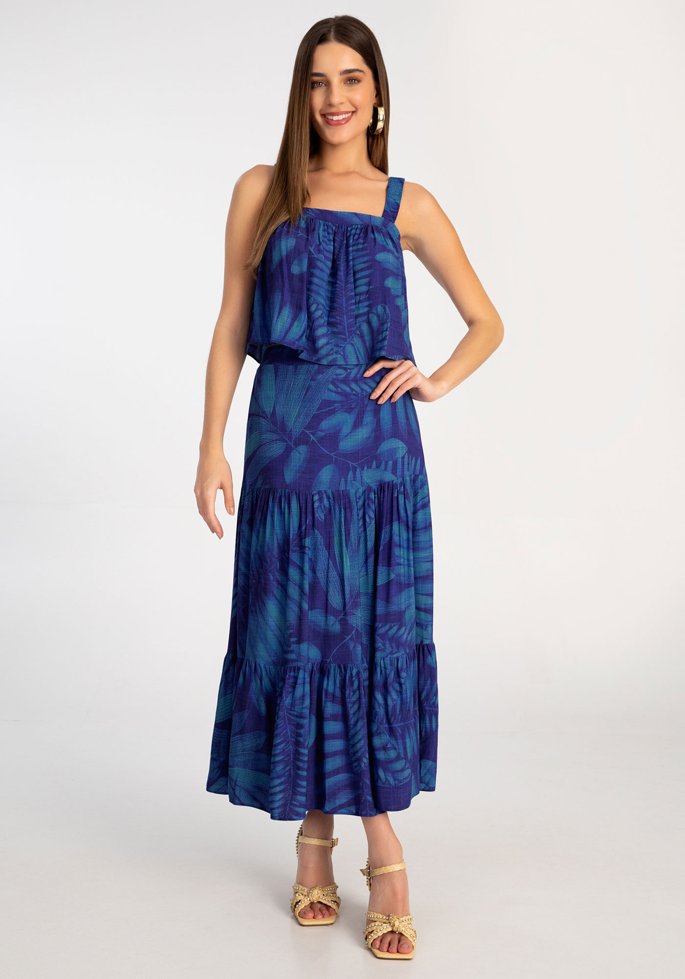 Blusa Cropped em Viscose Estampada com Decote Reto, , large.