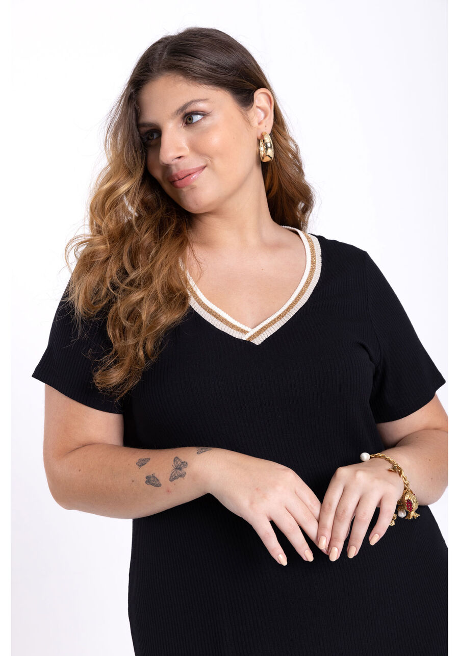 Vestido Curto Plus Size Canelado com Decote V, PRETO REATIVO, large.