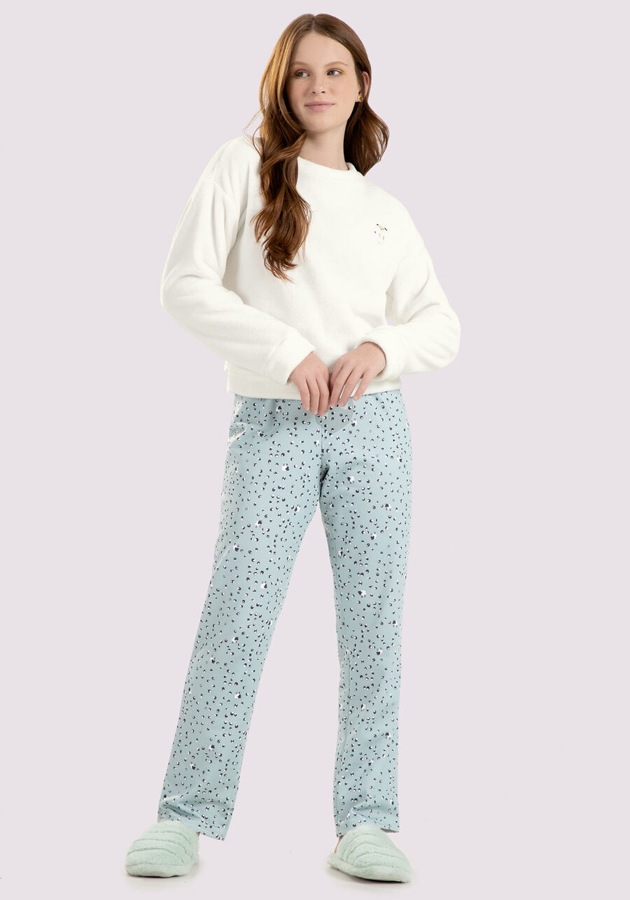 Pijama Juvenil com Blusão Pelo e Calça Estampada, . Pijama Juvenil com Blusão Pelo e Calça Estampada, , large.