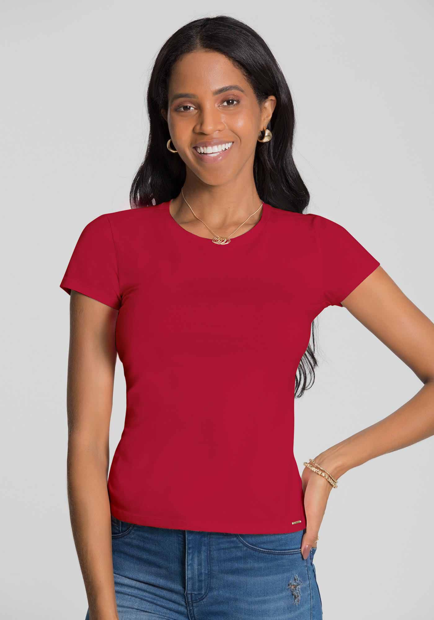 Blusa B&aacute;sica de Mangas Curtas Em Malha De Algod&atilde;o E Elastano, , large.