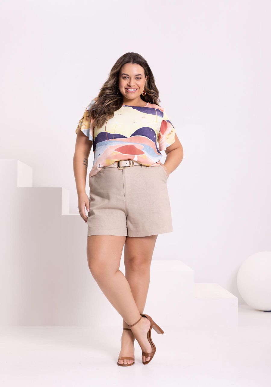 Blusa Fluida Estampada Manga Curta Em Viscose Responsável, . Blusa Fluida Estampada Manga Curta Em Viscose Responsável, , large.