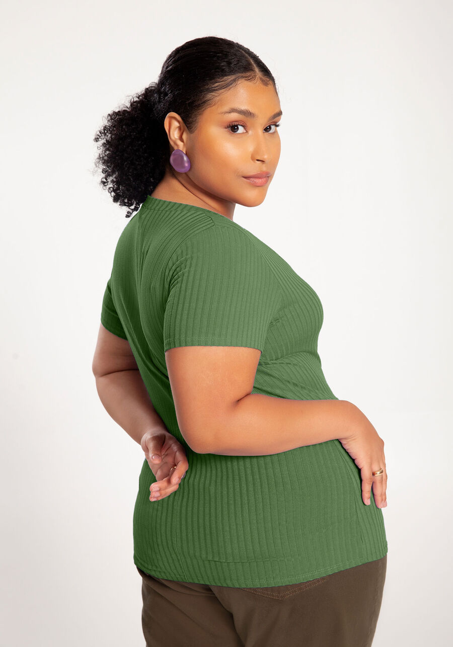 Blusa Básica Em Malha Canelada Com Mangas Curtas E Decote V, . Blusa Básica Em Malha Canelada Com Mangas Curtas E Decote V, , large.