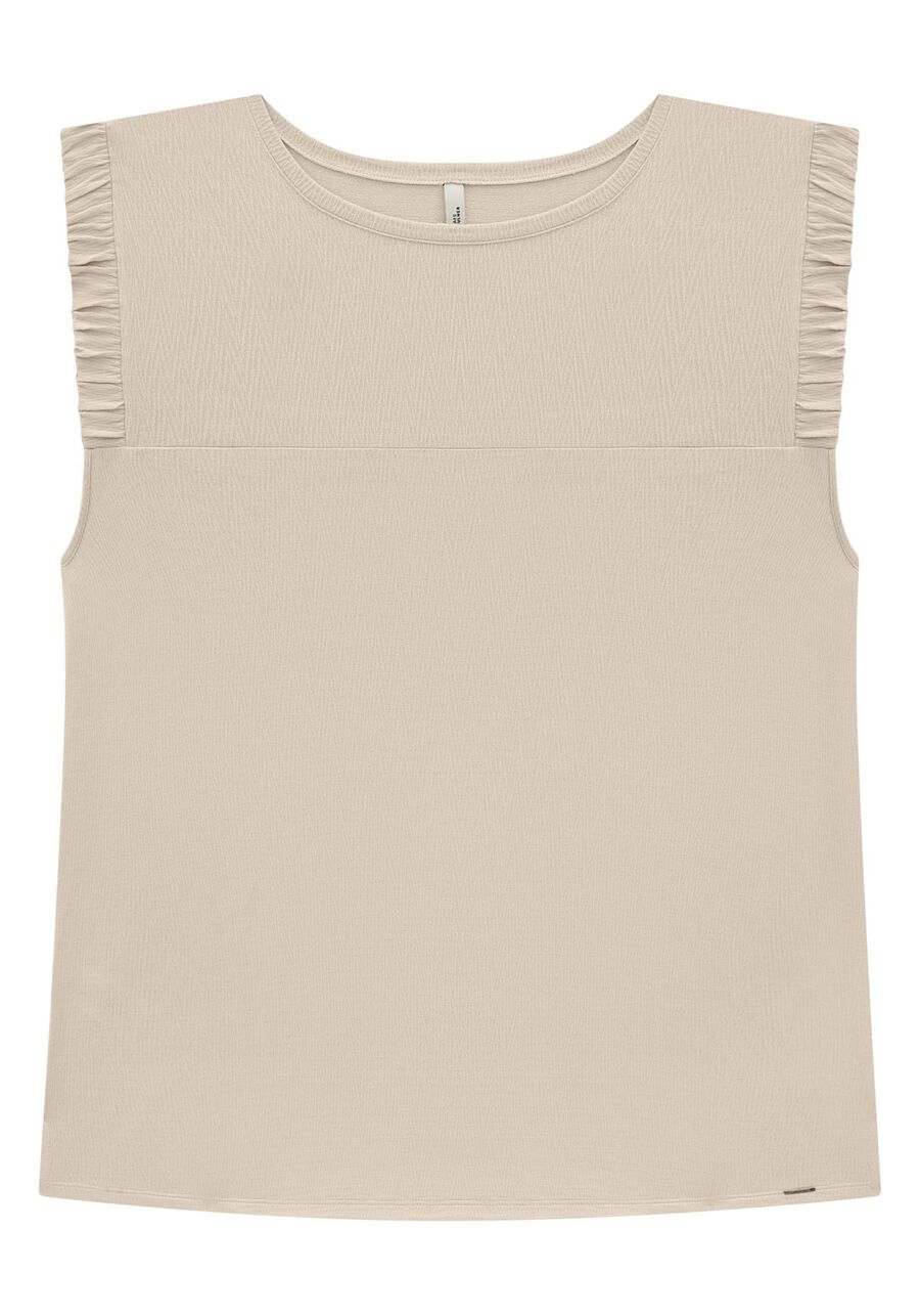 Blusa Plus Size em Malha com Recorte Franzido Cavas, BEGE SYSTEM. Blusa Plus Size em Malha com Recorte Franzido Cavas, BEGE SYSTEM, large.