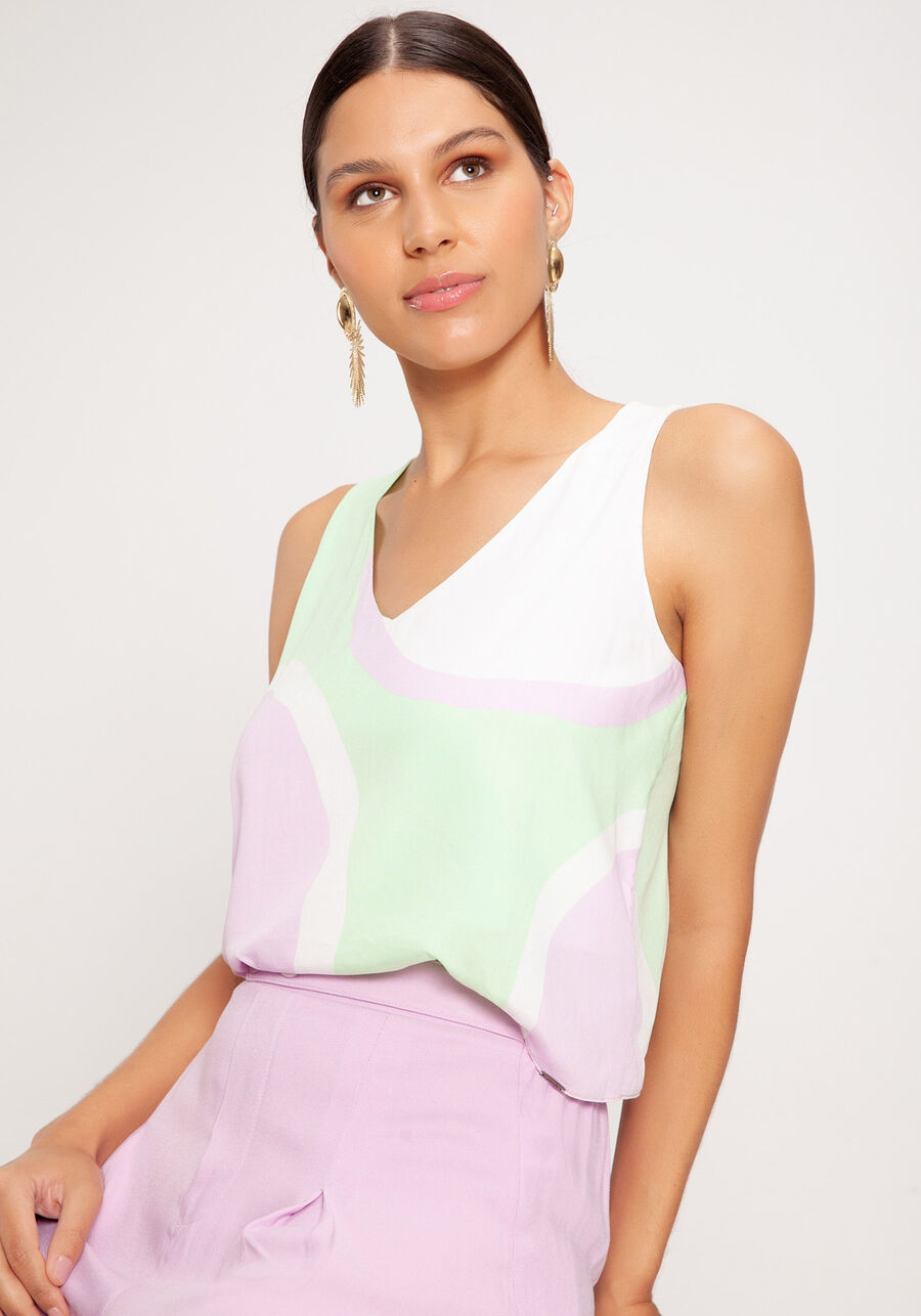 Regata Estampada Decote V Rayon Bali, CIRANDA VERDE. Regata Estampada Decote V Rayon Bali, CIRANDA VERDE, large.