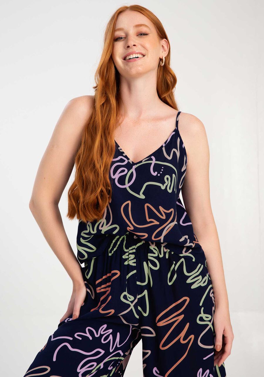 Pijama Estampado em Viscose com Blusa e Pantacourt, FACES MARINHO. Pijama Estampado em Viscose com Blusa e Pantacourt, FACES MARINHO, large.