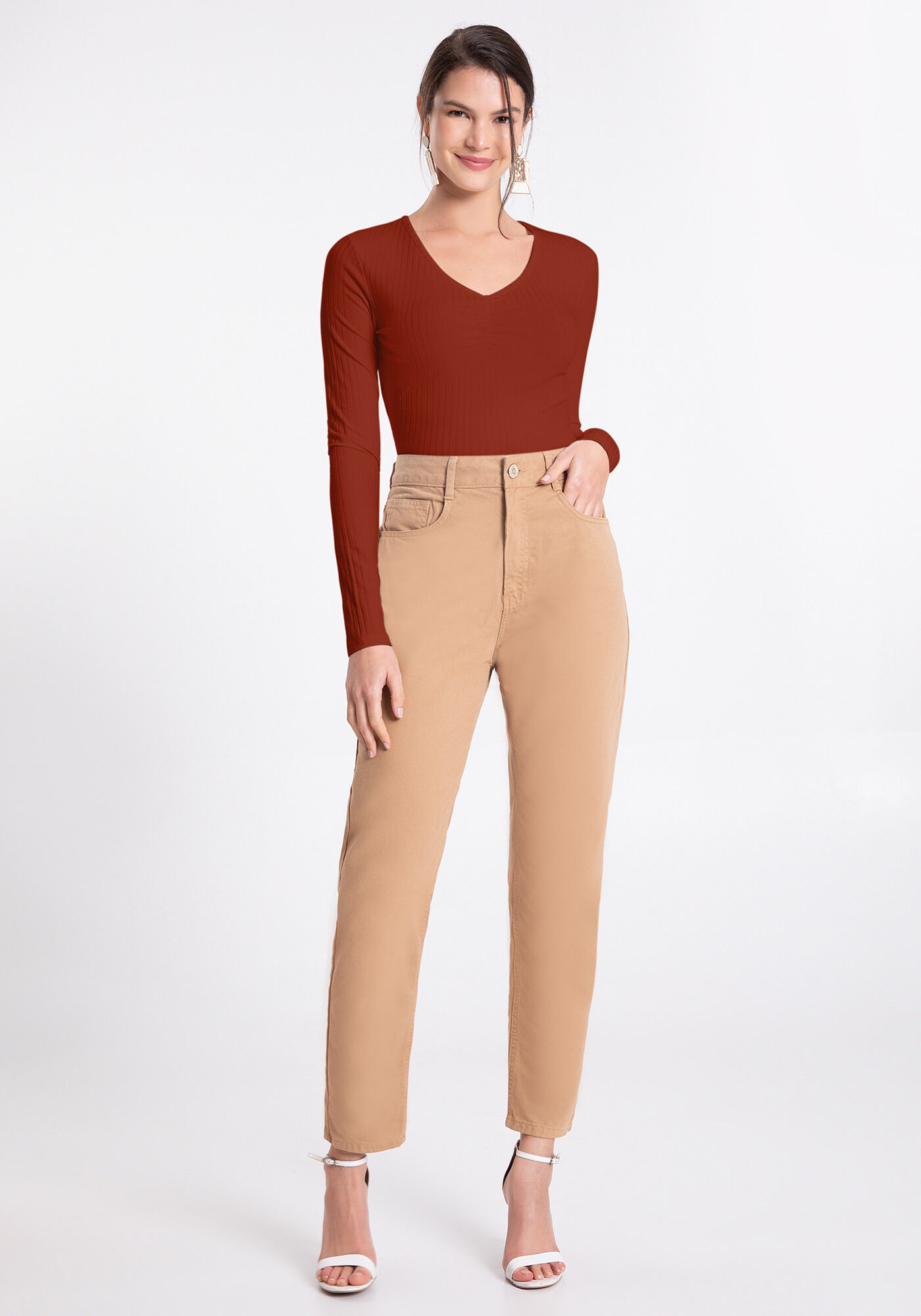 Blusa De Malha Canelada Com Mangas Longas E Decote Em V, , large.