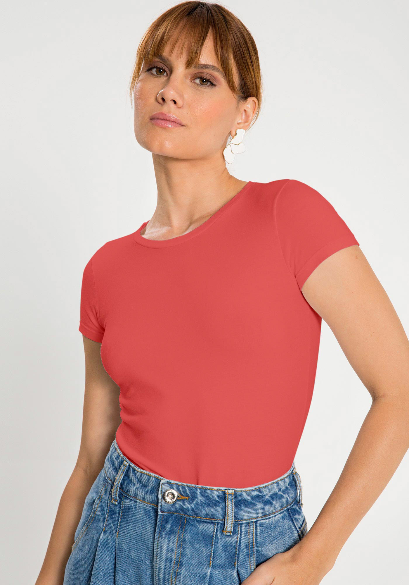 Blusa B&aacute;sica de Mangas Curtas Em Malha De Algod&atilde;o E Elastano, , large.