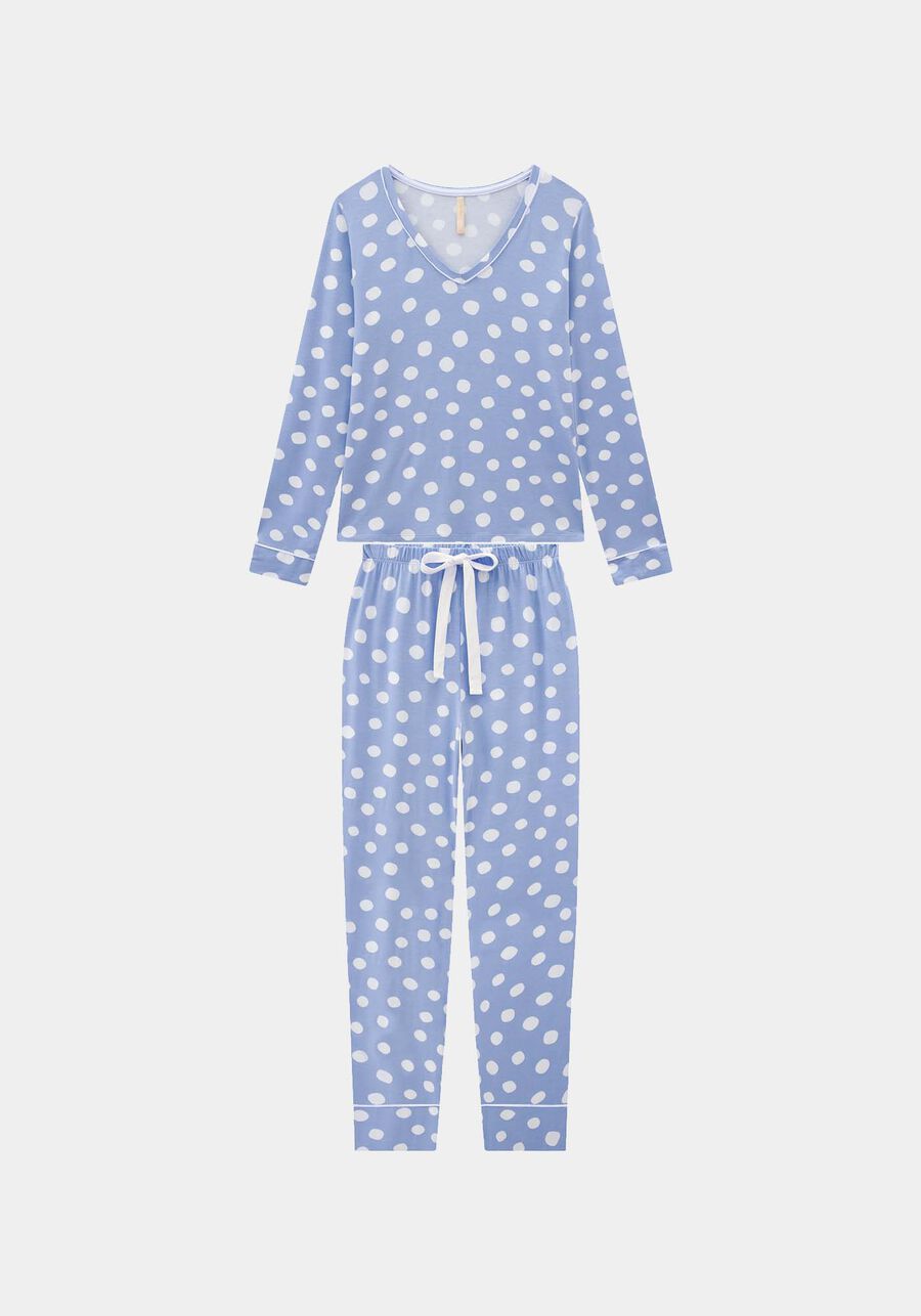 Pijama Longo em Malha com Calça e Blusa Manga Longa, CONFETTI AZUL. Pijama Longo em Malha com Calça e Blusa Manga Longa, CONFETTI AZUL, large.