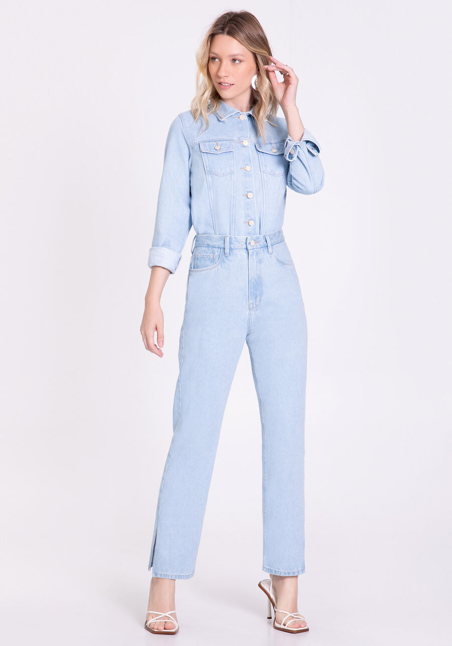 Calça Jeans Reta Cintura Alta com Abertura Barra, JEANS. Calça Jeans Reta Cintura Alta com Abertura Barra, JEANS, large.