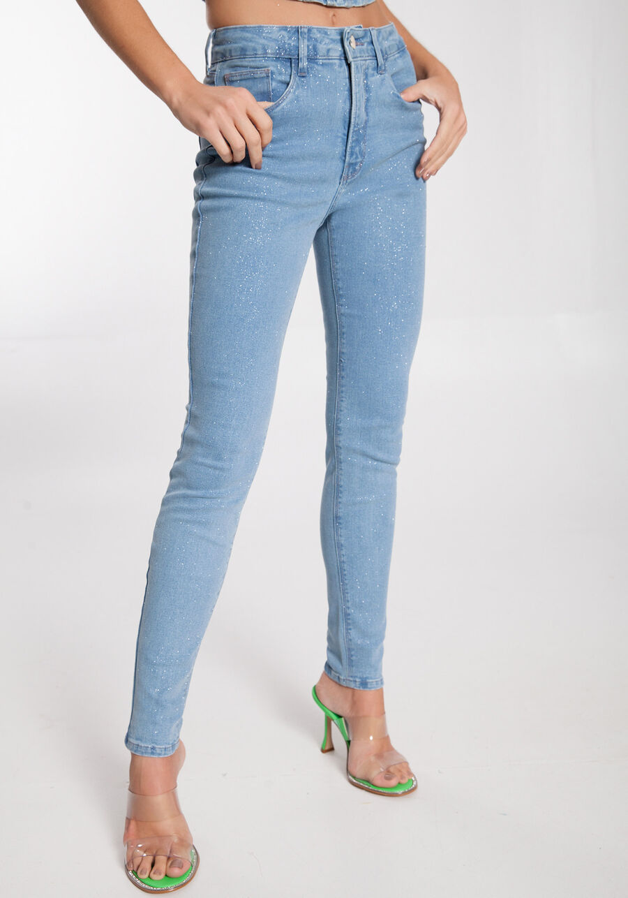 Calça Jeans Skinny Chapa Barriga com Glitter, , large.