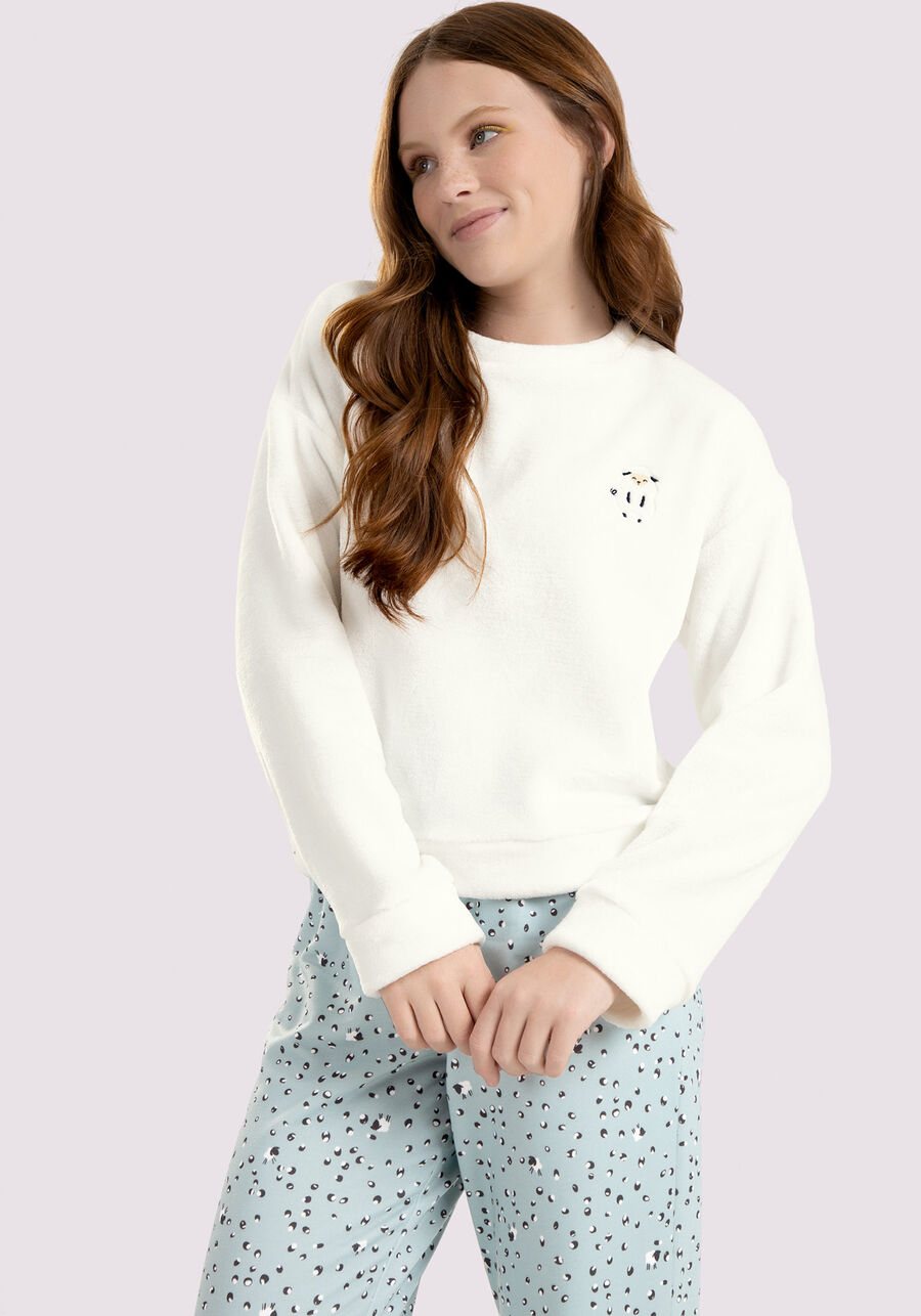 Pijama Juvenil com Blusão Pelo e Calça Estampada, . Pijama Juvenil com Blusão Pelo e Calça Estampada, , large.