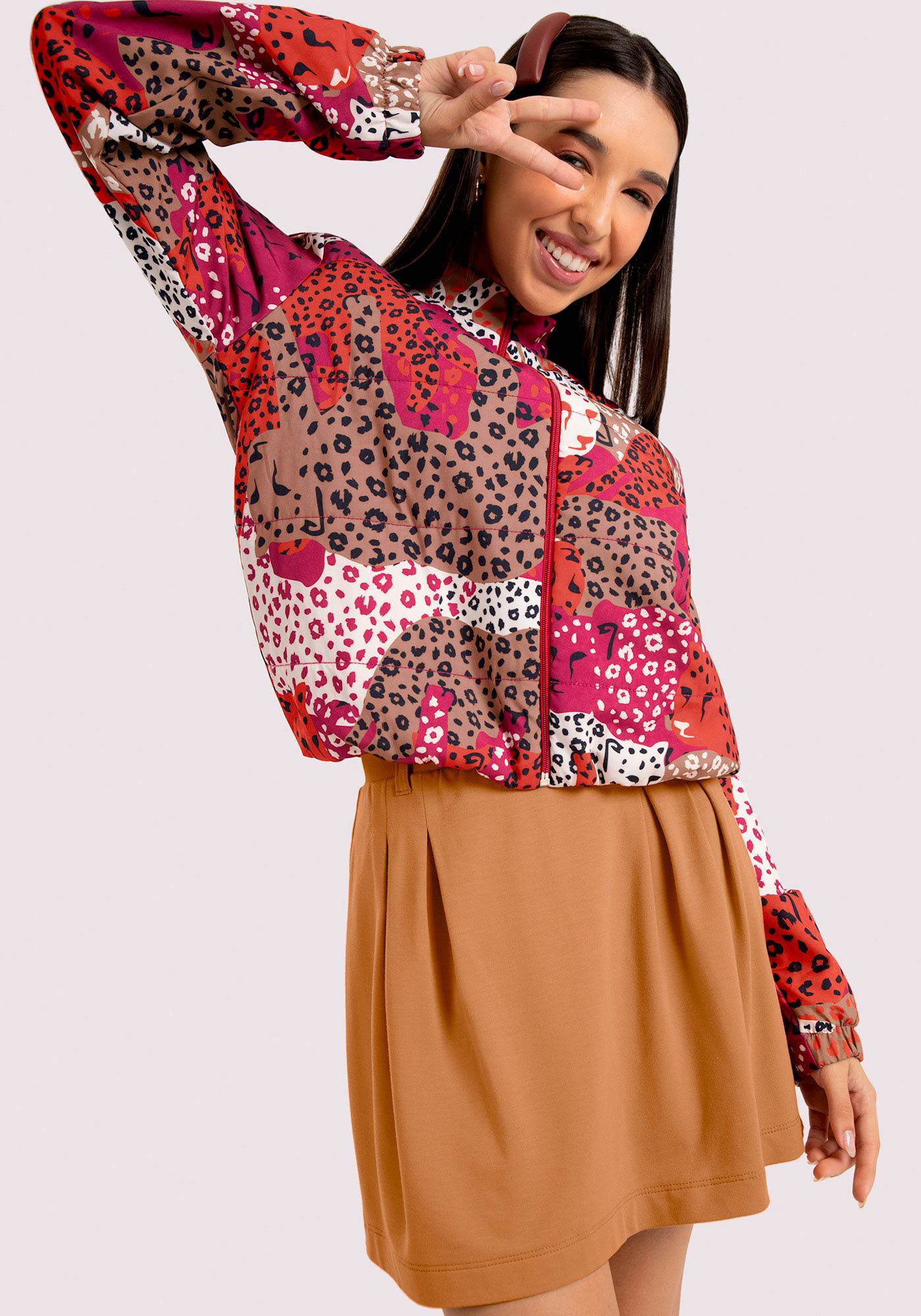 Jaqueta Puffer Juvenil em Politel Estampada, JUNGLE VERMELHO, large.