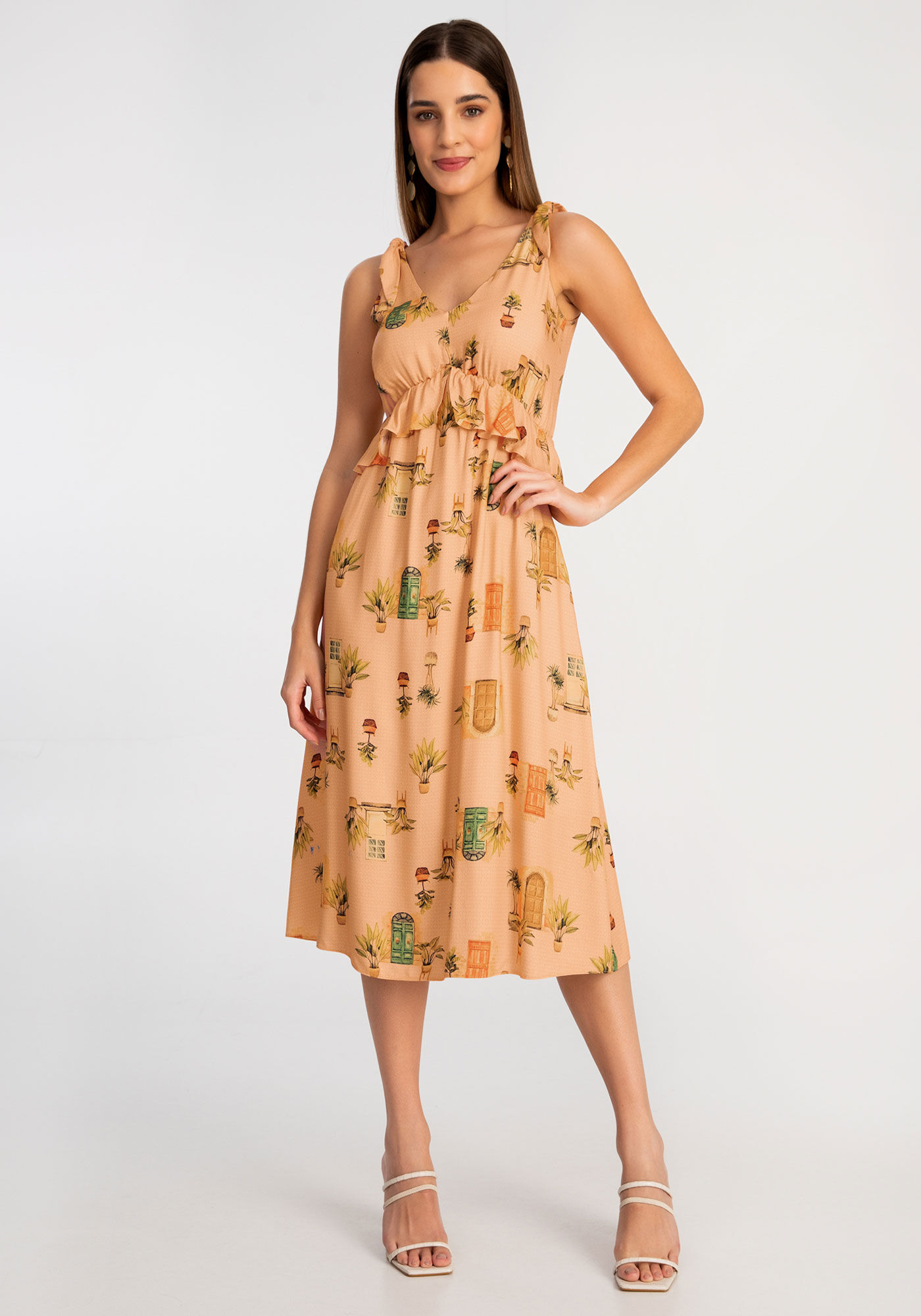 Vestido Midi Estampado em Viscose com Babado Lunender