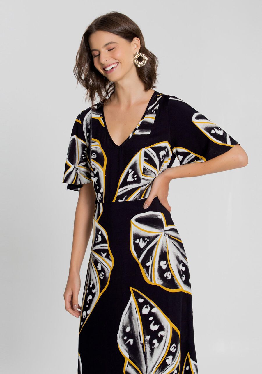 Vestido Midi Estampado com Abertura, PRETO REATIVO. Vestido Midi Estampado com Abertura, PRETO REATIVO, large.