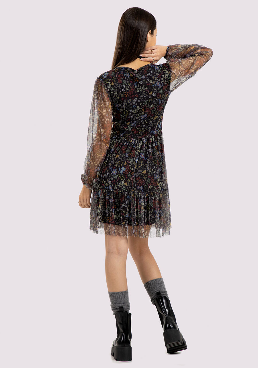 Vestido Curto Juvenil em Tule Estampado, BUTTERFLY PRETO. Vestido Curto Juvenil em Tule Estampado, BUTTERFLY PRETO, large.