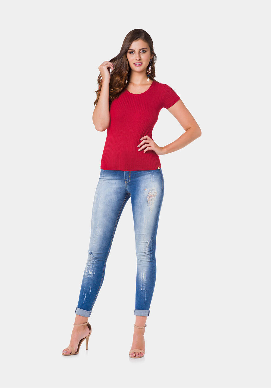 Blusa Em Malha Canelada Com Mangas Curtas E Decote Redondo, . Blusa Em Malha Canelada Com Mangas Curtas E Decote Redondo, , large.