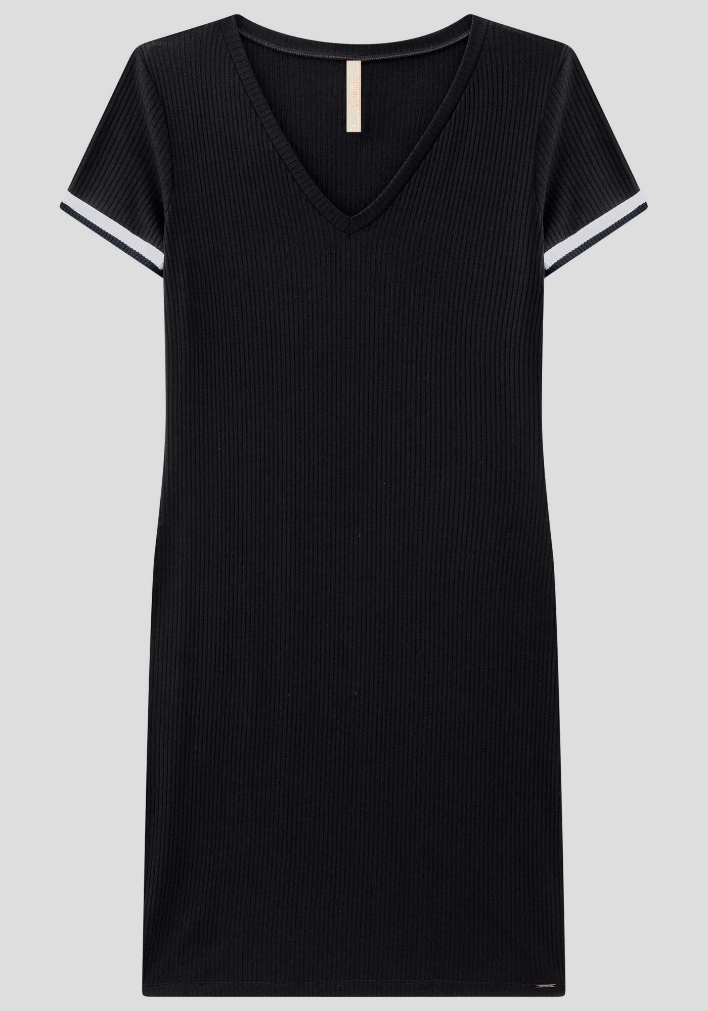 Vestido Curto Canelado com Retil&iacute;nea Manga, PRETO REATIVO, large.