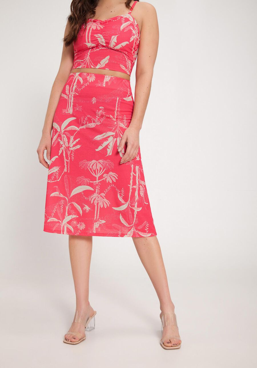 Saia Midi Canelada Estampada com Cintura Alta, BAHIA ROSA. Saia Midi Canelada Estampada com Cintura Alta, BAHIA ROSA, large.