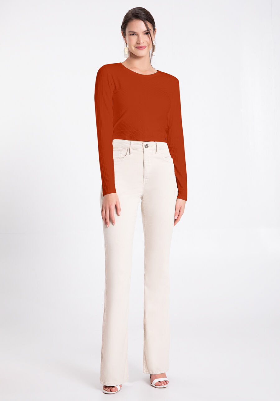 Blusa De Mangas Longas Com Gola Redonda Em Malha Canelada, LARANJA HAPPILY. Blusa De Mangas Longas Com Gola Redonda Em Malha Canelada, LARANJA HAPPILY, large.