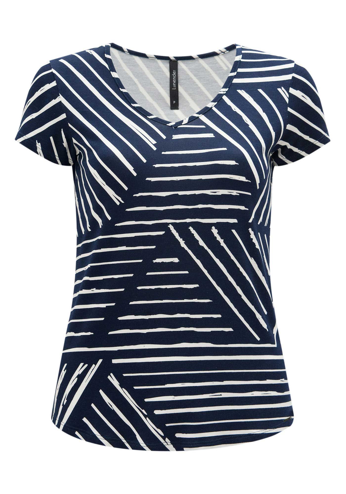 Blusa Acinturada Estampada De Mangas Curtas Com Decote Em V, PRESENCA MARINHO, large.