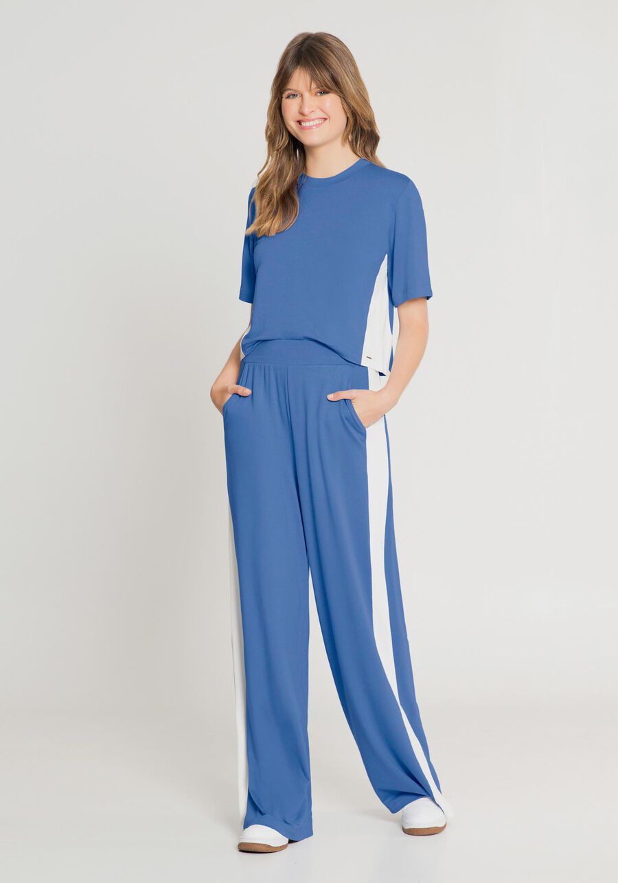 Conjunto Blusa e Calça Wide Leg com Recortes, AZUL WATER. Conjunto Blusa e Calça Wide Leg com Recortes, AZUL WATER, large.