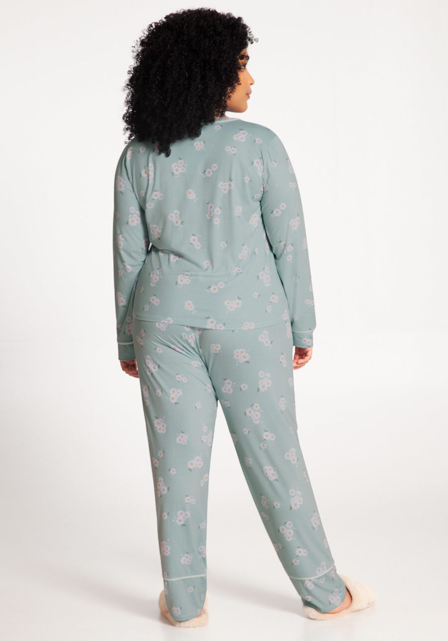 Pijama Plus Size Longo em Tecido Decote V, SUBLIME VERDE, large.
