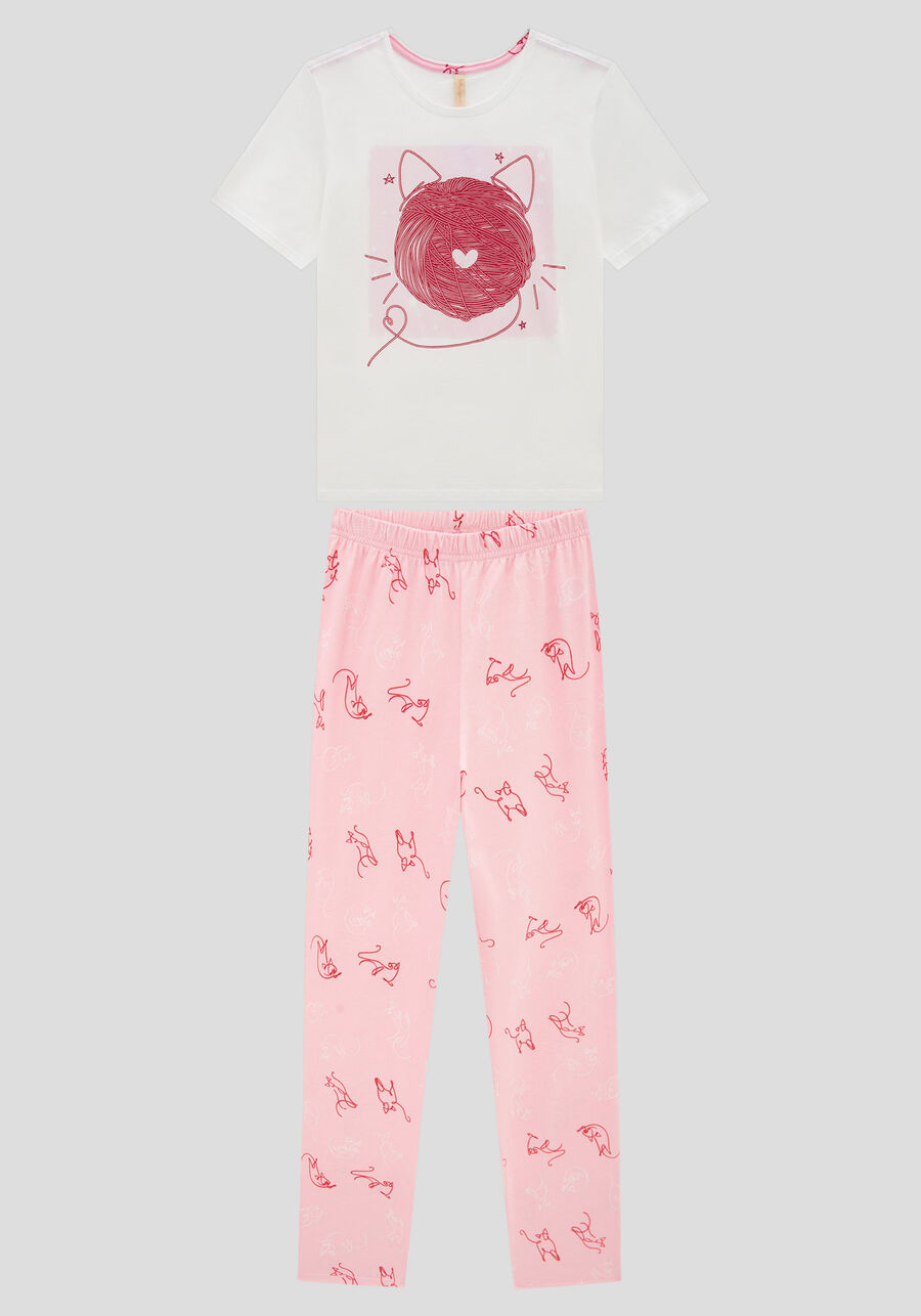 Pijama Juvenil Longo em Malha, FELINOS ROSA. Pijama Juvenil Longo em Malha, FELINOS ROSA, large.