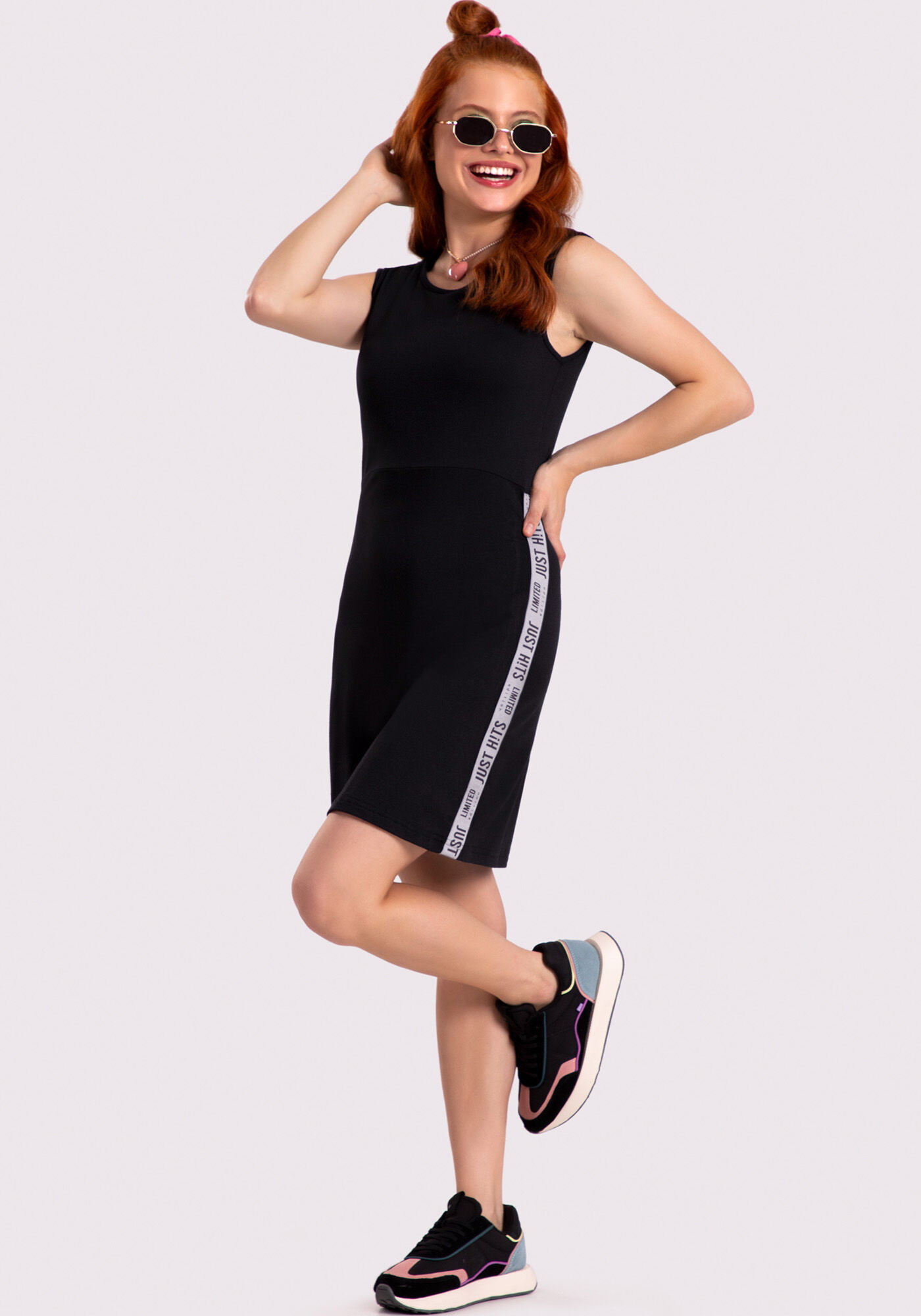 Vestido Curto Juvenil com Detalhe Lateral, PRETO REATIVO, large.