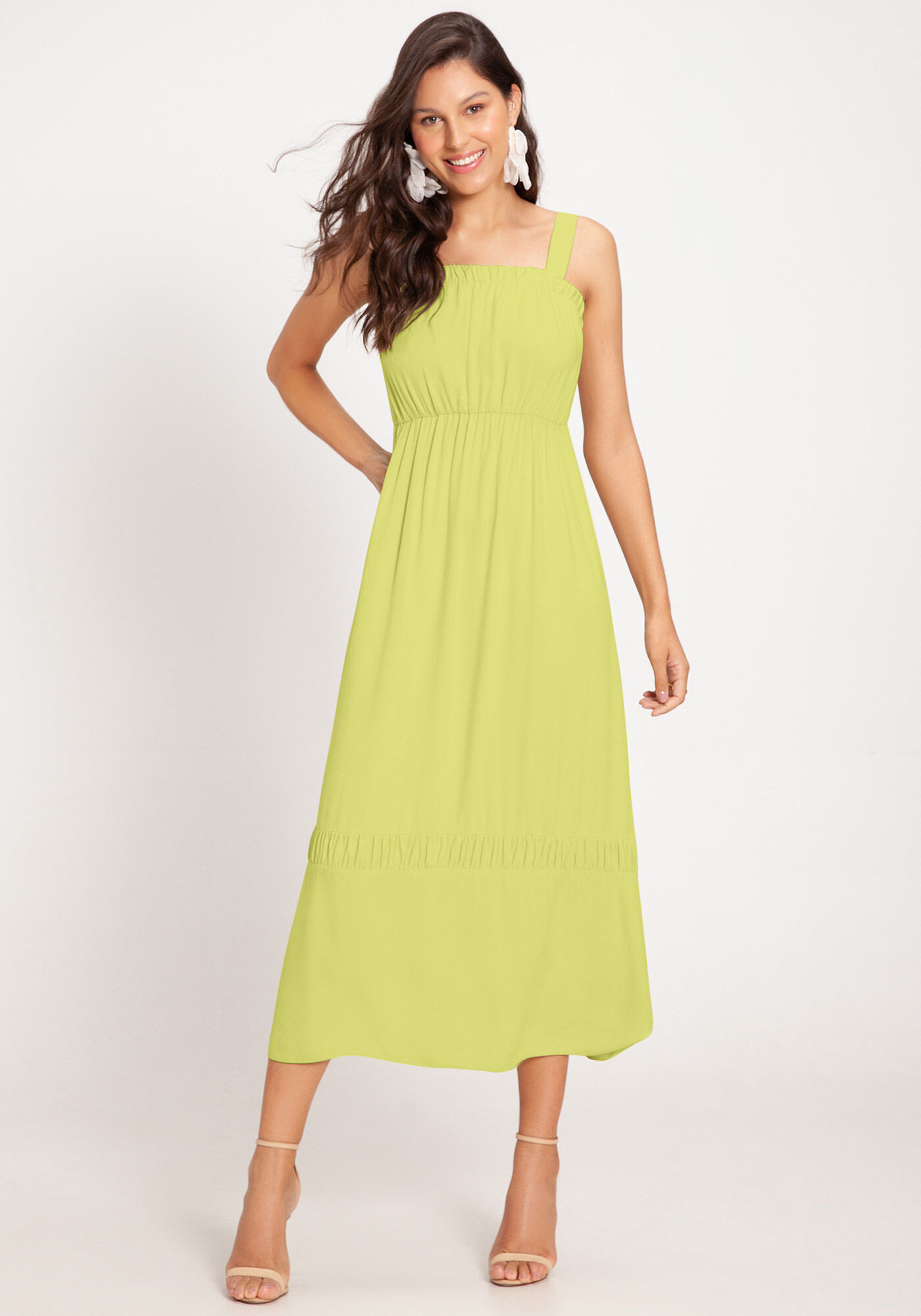 Vestido Midi em Viscose com Detalhe Franzido Lunender