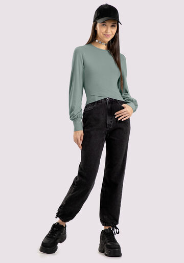 Blusa Manga Longa Juvenil Canelada com Transpasse, VERDE TEOS. Blusa Manga Longa Juvenil Canelada com Transpasse, VERDE TEOS, large.