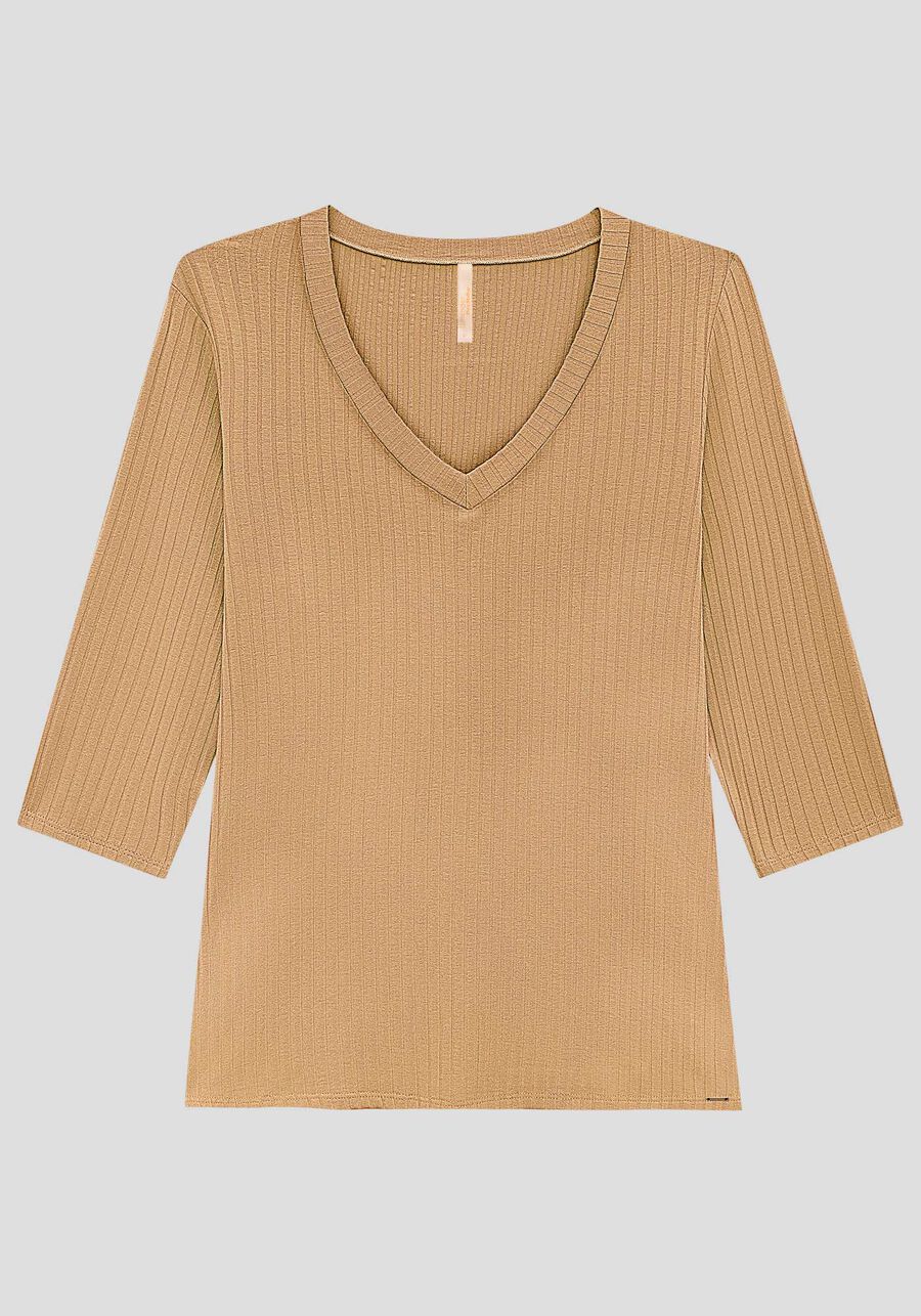 Blusa Plus Size Canelada Mangas 3/4 Básica, BEGE SYSTEM. Blusa Plus Size Canelada Mangas 3/4 Básica, BEGE SYSTEM, large.