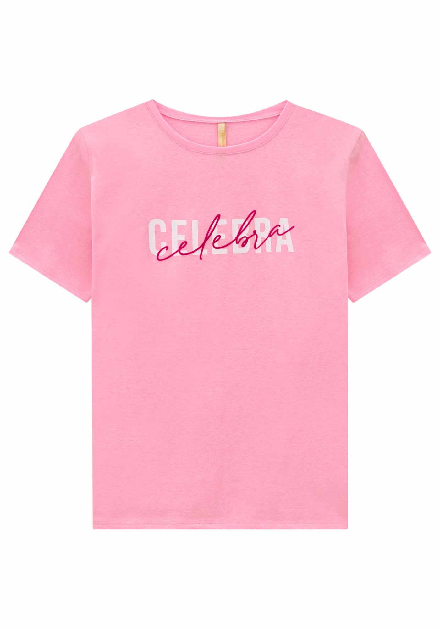 T-Shirt em Malha Estampa Celebra, ROSA FRESH NEON, large.
