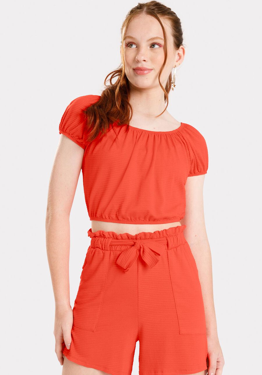 Conjunto Juvenil com Blusa Cropped e Shorts Cintura Alta, VERMELHO CEREJA. Conjunto Juvenil com Blusa Cropped e Shorts Cintura Alta, VERMELHO CEREJA, large.