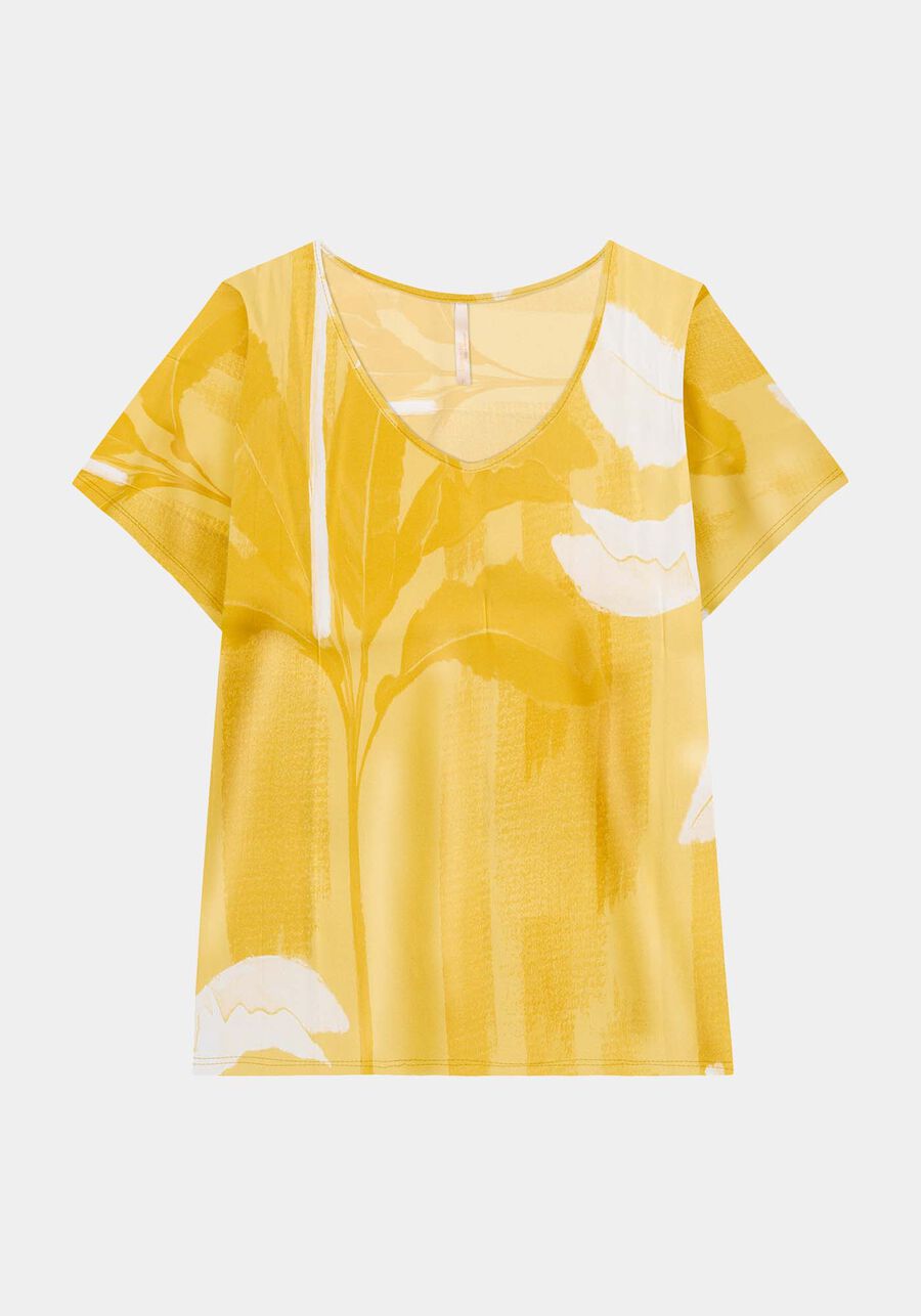 Blusa em Viscose Estampada Plus Size, AMARELO SOLE. Blusa em Viscose Estampada Plus Size, AMARELO SOLE, large.