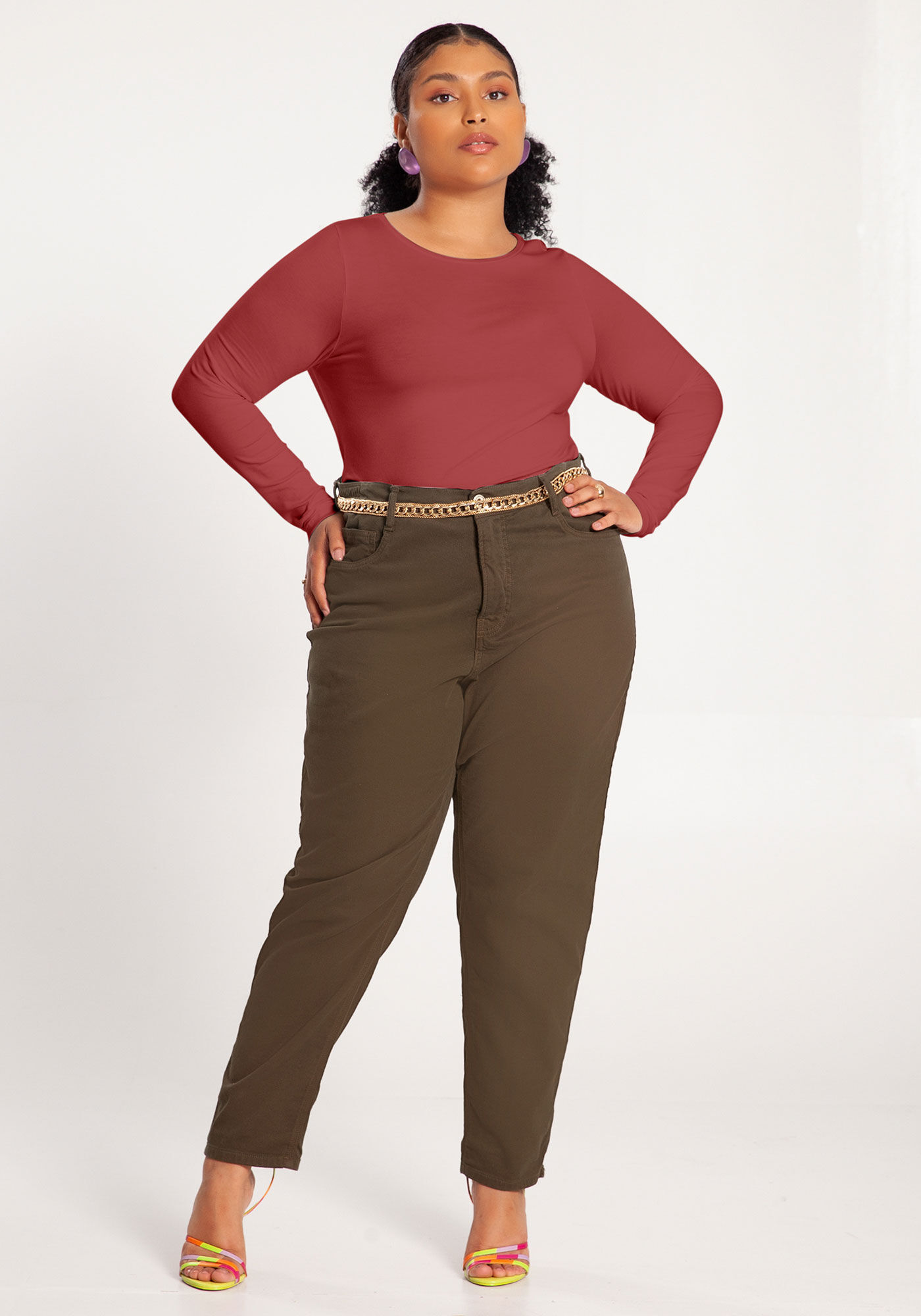 Blusa B&aacute;sica De Manga Longa Plus Size Em Malha Com Elastano, VERMELHO CEDRO-ROSA, large.