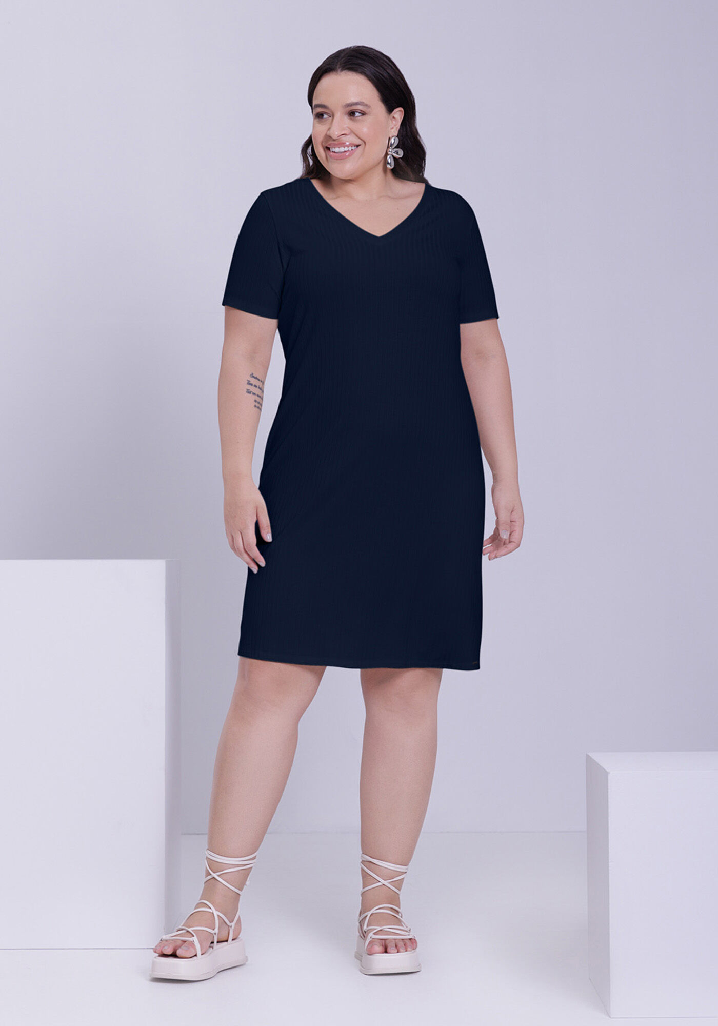 Vestido Curto Em Malha Canelada Com Decote Em V, MARINHO ACTION, large.