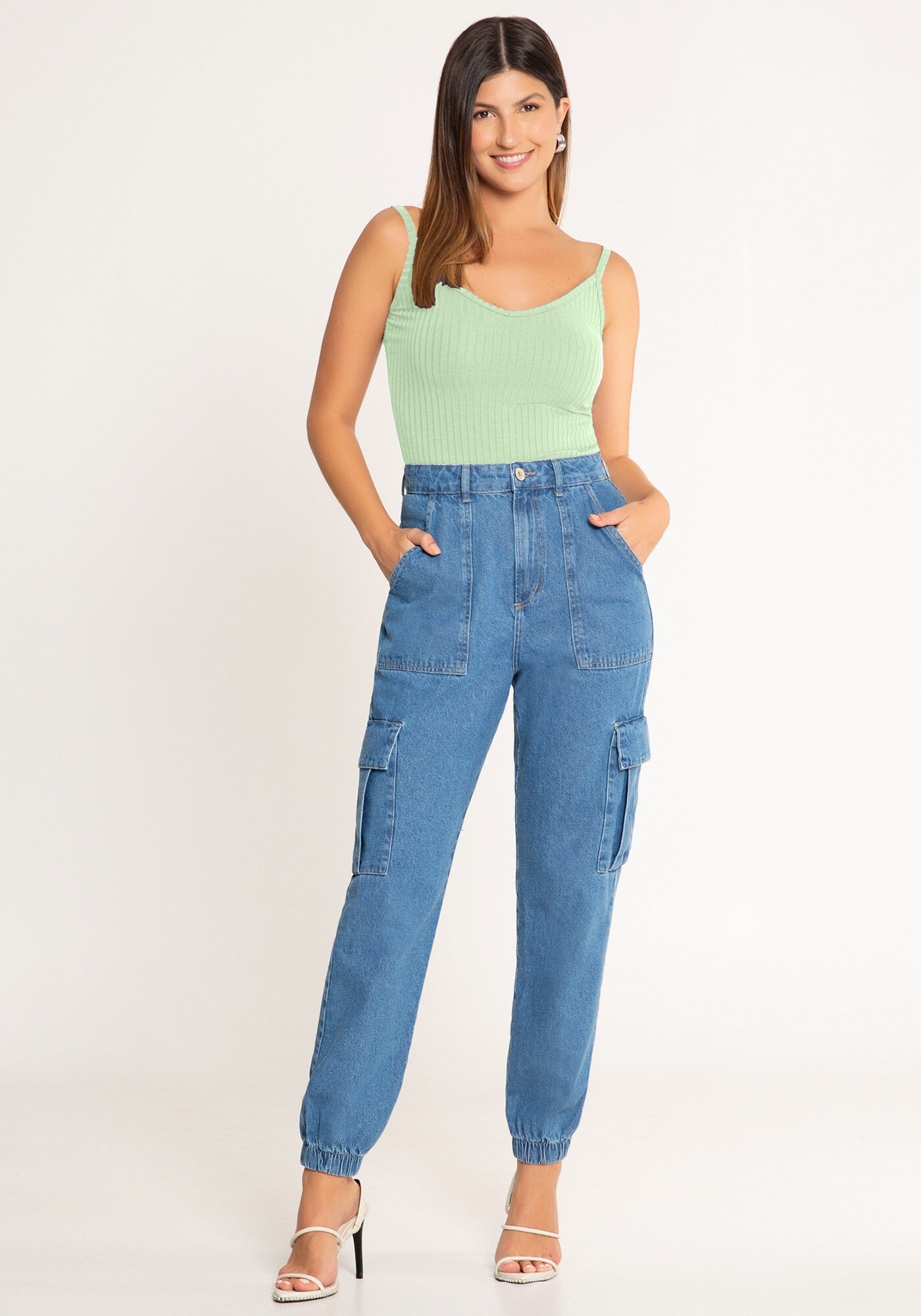 Blusa Regata B&aacute;sica De Al&ccedil;as Finas Em Malha Canelada, , large.