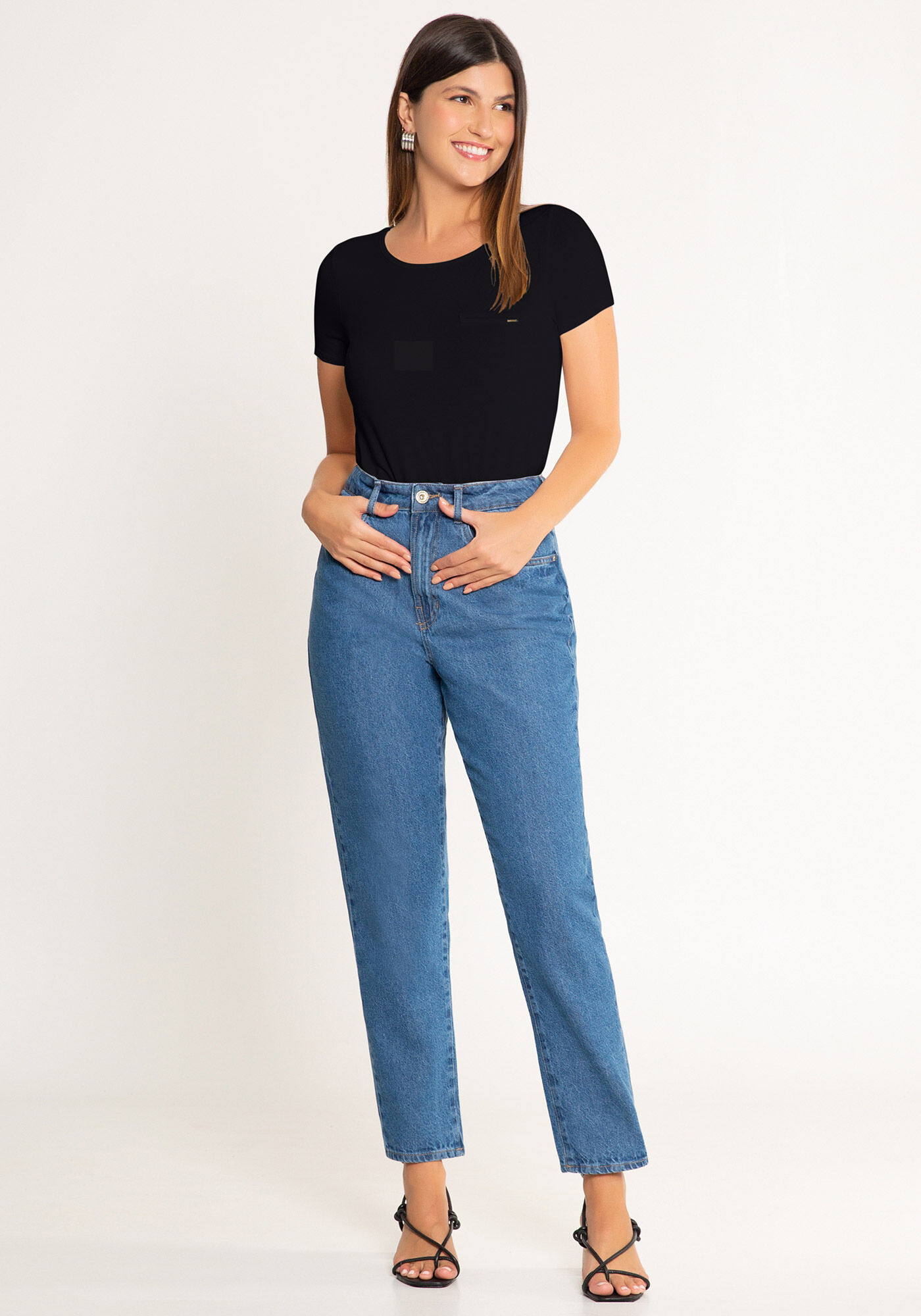 Blusa De Mangas Curtas Em Malha Lisa Com Detalhe Frontal, PRETO REATIVO, large.