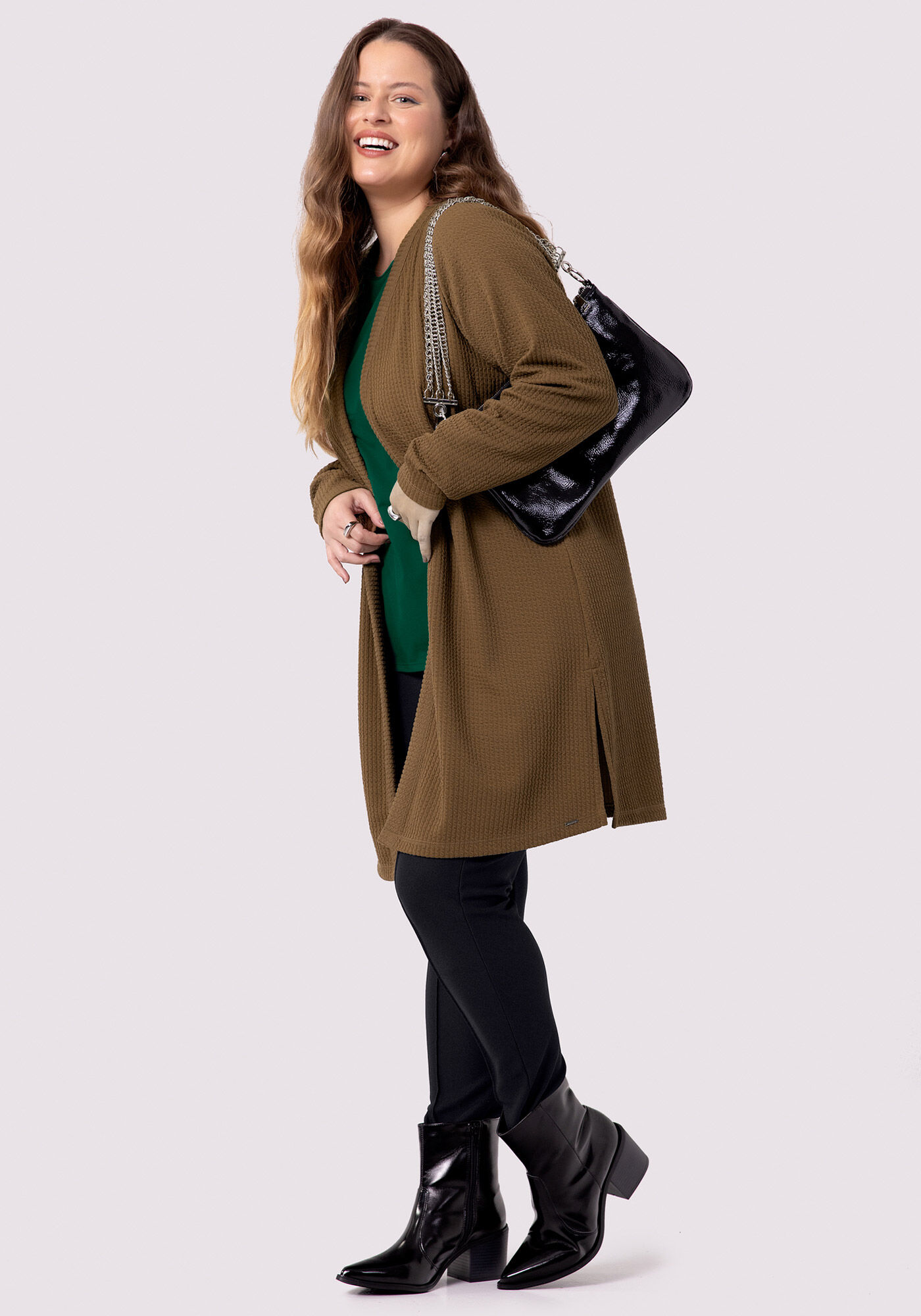 Cardigan Alongado Plus Size em Malha Texturizada, MARROM GROOT, large.