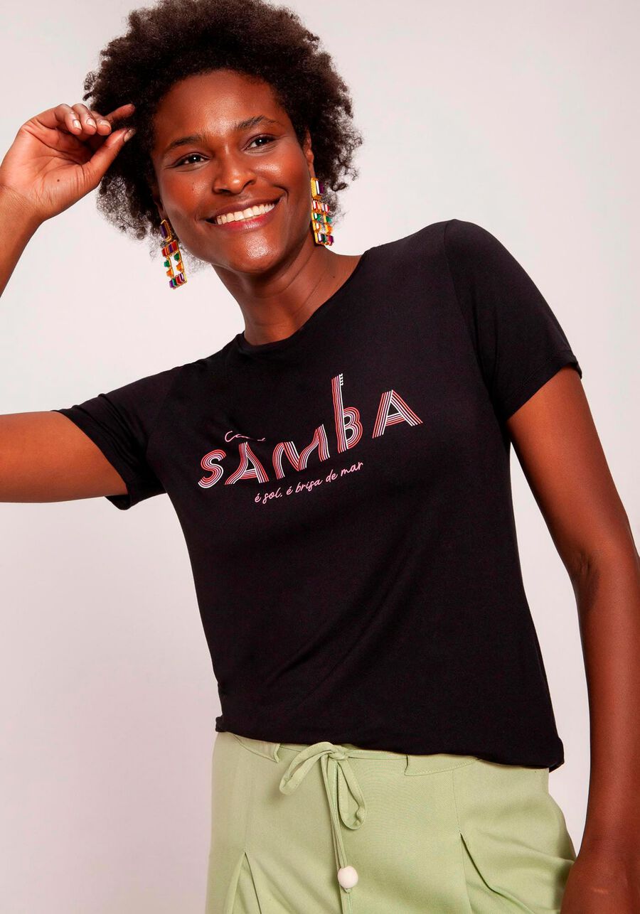 T-shirt Slim em Malha com Estampa Samba, , large.