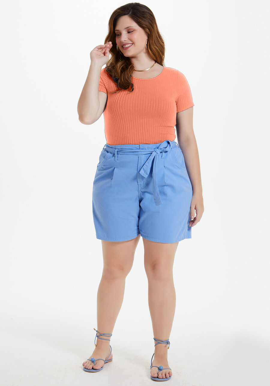 Blusa De Mangas Curtas Em Malha Canelada De Viscose, SALMAO CAMELIA. Blusa De Mangas Curtas Em Malha Canelada De Viscose, SALMAO CAMELIA, large.