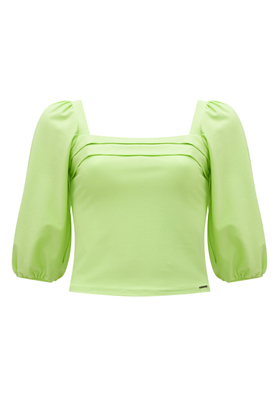 Blusa Cropped De Mangas Bufantes Com Drapeados No Busto, VERDE NAMIBIA. Blusa Cropped De Mangas Bufantes Com Drapeados No Busto, VERDE NAMIBIA, large.