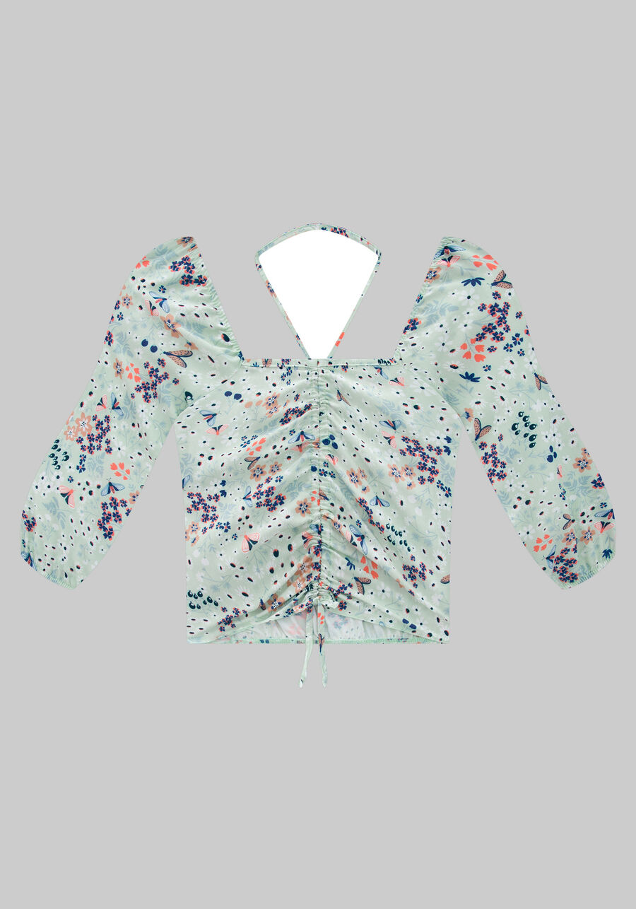 Blusa Cropped Juvenil Estampada com Franzido, BUTTERFLY VERDE. Blusa Cropped Juvenil Estampada com Franzido, BUTTERFLY VERDE, large.