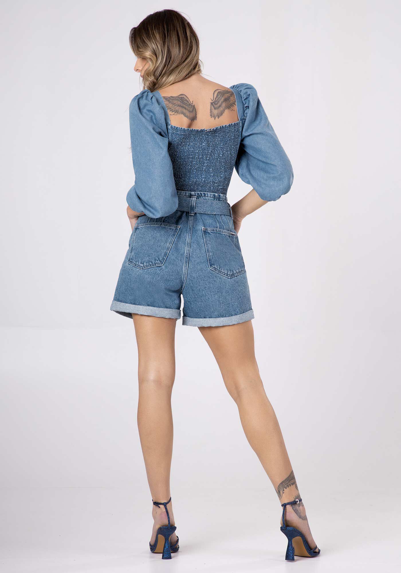 Top Cropped Jeans com Mangas Bufantes, JEANS, large.