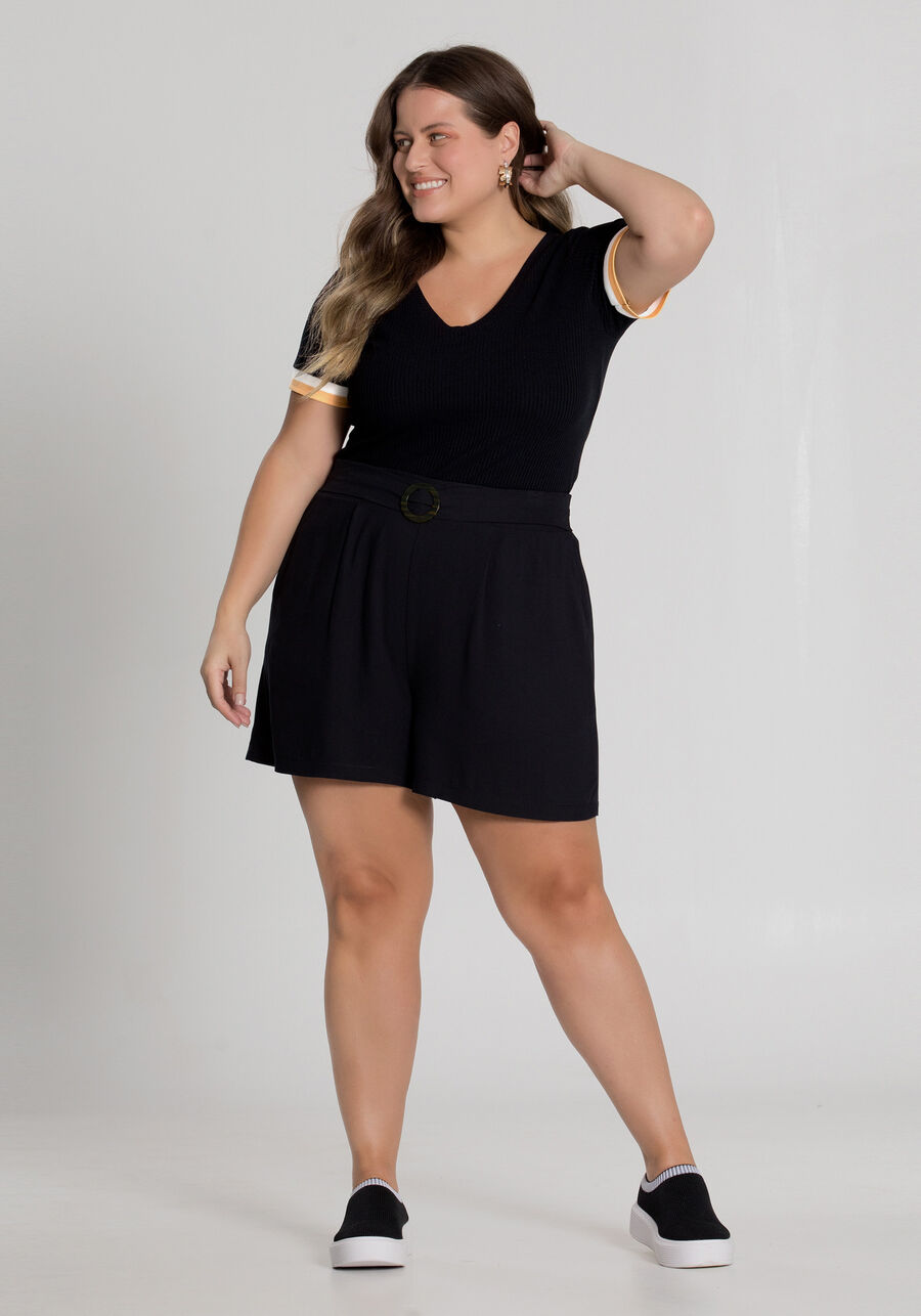 Blusa Canelada Decote V Plus Size, PRETO REATIVO. Blusa Canelada Decote V Plus Size, PRETO REATIVO, large.